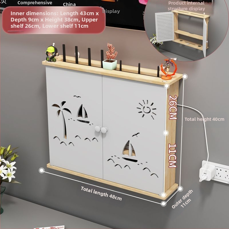 Bevielio maršrutizatoriaus laikymo dėžutė - sieninis montavimas, be gręžimo, masyvaus medžio, etninio stiliaus sieninis lentynų komplektas su 6 lygių