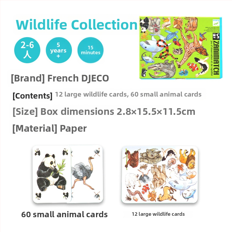 Djeco kartu galda spēle ar loģisku domāšanu un dzīvnieku tērēšanās tēmu — materiāli: plastmasa un papīrs; vecums 4–14 gadi; veicina intelektuālo attīstību, roku darbību un interaktīvu spēli.