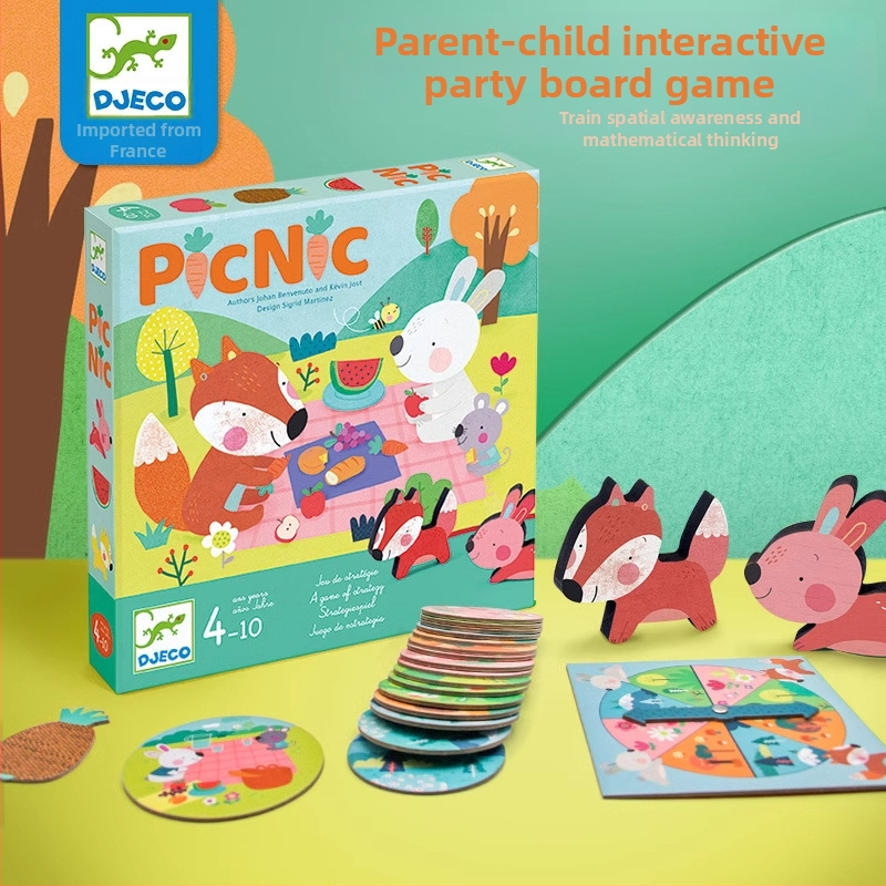 Djeco kartu galda spēle ar loģisku domāšanu un dzīvnieku tērēšanās tēmu — materiāli: plastmasa un papīrs; vecums 4–14 gadi; veicina intelektuālo attīstību, roku darbību un interaktīvu spēli.