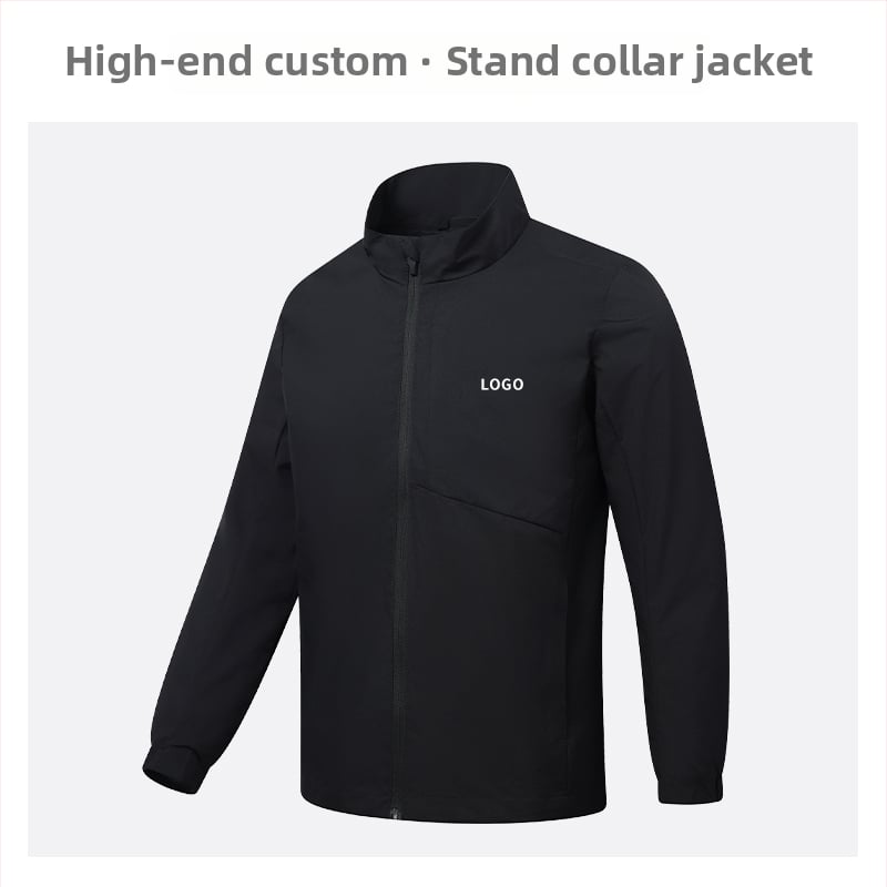 Geacă cu guler înalt, logo brodat personalizat, 100% poliester, respirabil și rezistent la apă, lungime medie, buzunare cu fermoar, haină de exterior pentru bărbați, toamnă