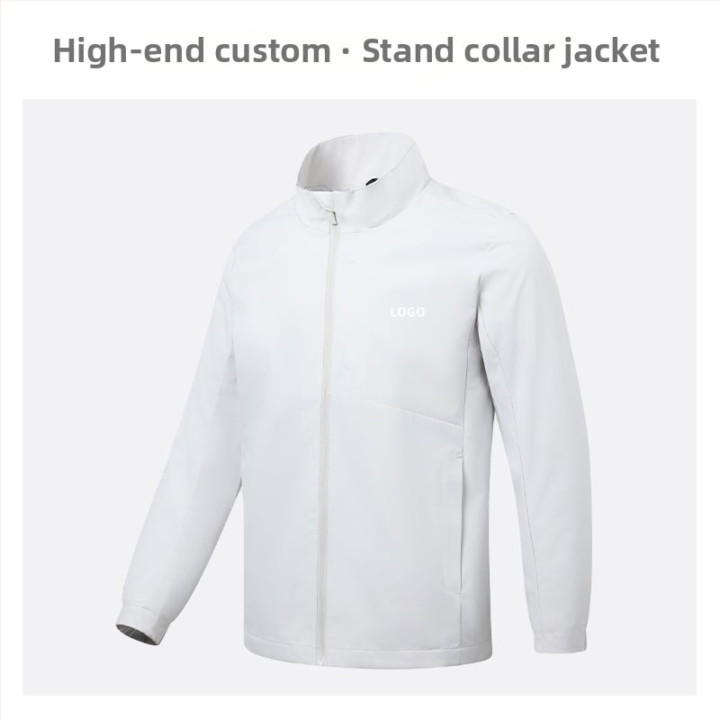 Geacă cu guler înalt, logo brodat personalizat, 100% poliester, respirabil și rezistent la apă, lungime medie, buzunare cu fermoar, haină de exterior pentru bărbați, toamnă