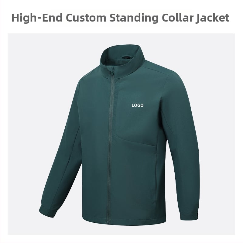 Geacă cu guler înalt, logo brodat personalizat, 100% poliester, respirabil și rezistent la apă, lungime medie, buzunare cu fermoar, haină de exterior pentru bărbați, toamnă