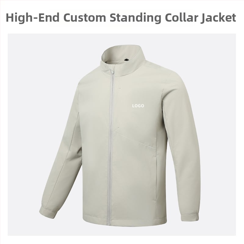 Geacă cu guler înalt, logo brodat personalizat, 100% poliester, respirabil și rezistent la apă, lungime medie, buzunare cu fermoar, haină de exterior pentru bărbați, toamnă