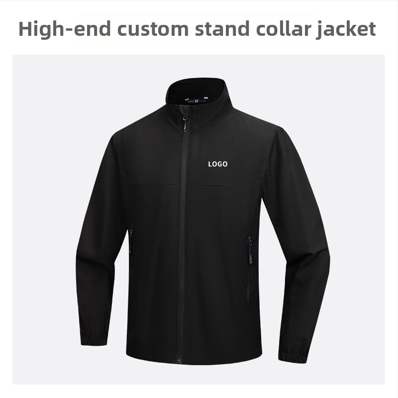 Geacă cu guler înalt, logo brodat personalizat, 100% poliester, respirabil și rezistent la apă, lungime medie, buzunare cu fermoar, haină de exterior pentru bărbați, toamnă