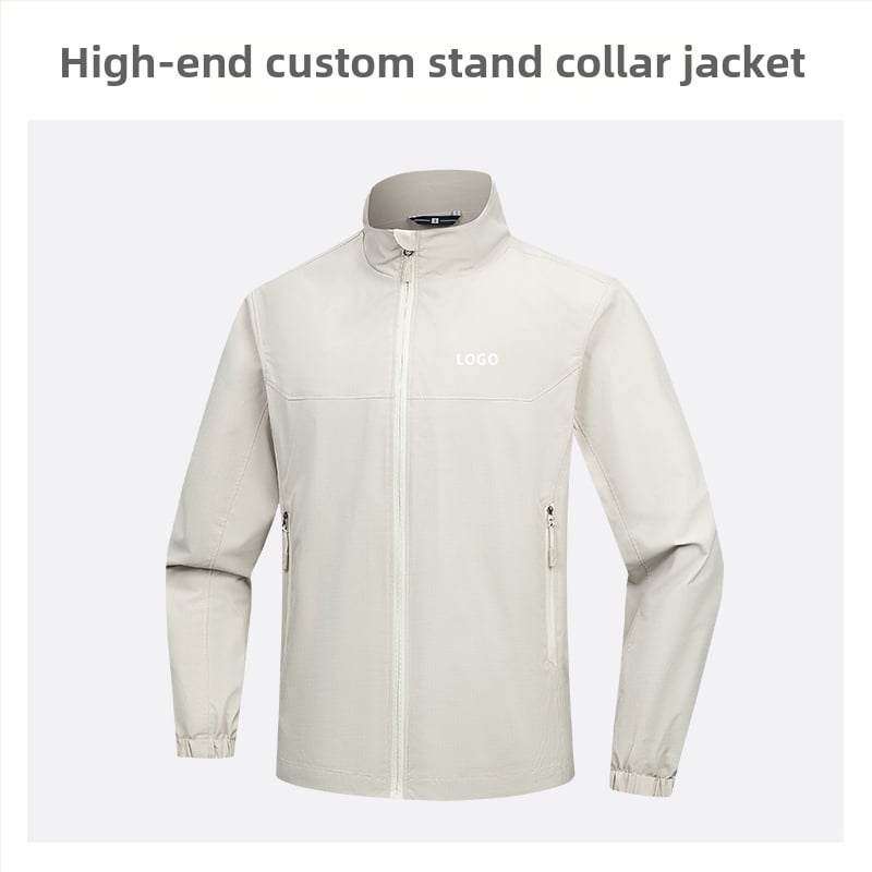 Geacă cu guler înalt, logo brodat personalizat, 100% poliester, respirabil și rezistent la apă, lungime medie, buzunare cu fermoar, haină de exterior pentru bărbați, toamnă