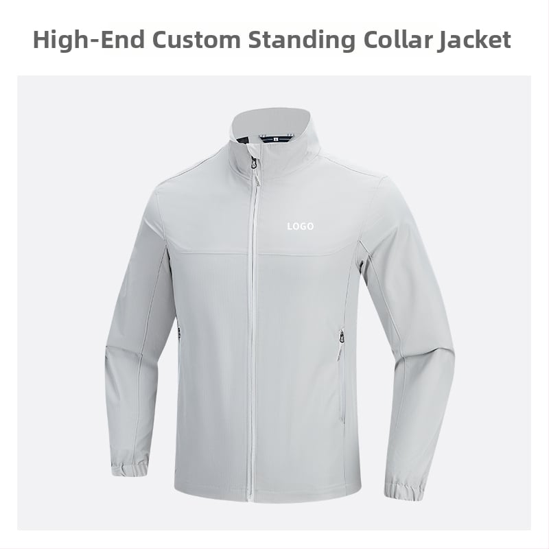Geacă cu guler înalt, logo brodat personalizat, 100% poliester, respirabil și rezistent la apă, lungime medie, buzunare cu fermoar, haină de exterior pentru bărbați, toamnă