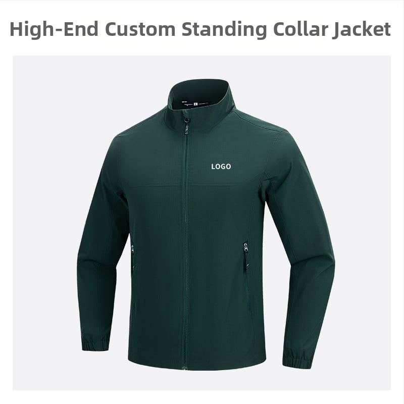 Geacă cu guler înalt, logo brodat personalizat, 100% poliester, respirabil și rezistent la apă, lungime medie, buzunare cu fermoar, haină de exterior pentru bărbați, toamnă