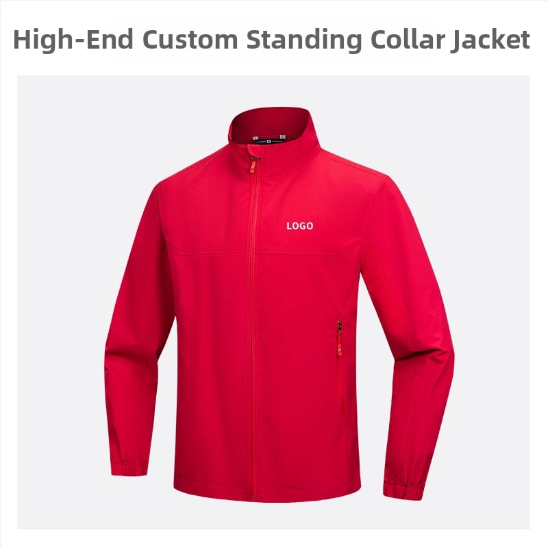 Geacă cu guler înalt, logo brodat personalizat, 100% poliester, respirabil și rezistent la apă, lungime medie, buzunare cu fermoar, haină de exterior pentru bărbați, toamnă