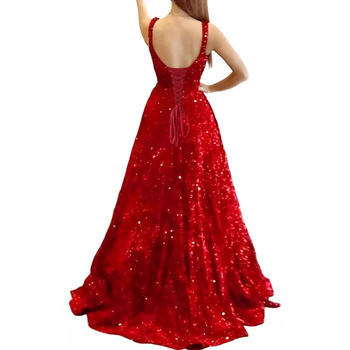 Hosszú A-vonalú flitteres estélyi ruha – poliészter, karcsú siluett, középső derék, pántos nyakvonal, ujj 3/4