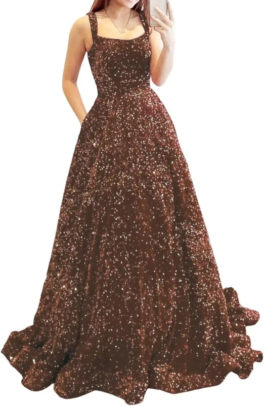 Hosszú A-vonalú flitteres estélyi ruha – poliészter, karcsú siluett, középső derék, pántos nyakvonal, ujj 3/4