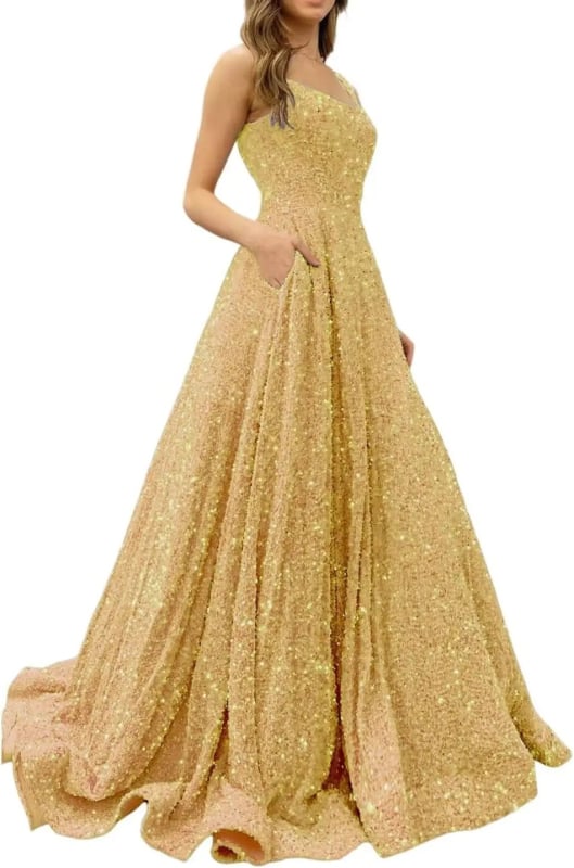 Hosszú A-vonalú flitteres estélyi ruha – poliészter, karcsú siluett, középső derék, pántos nyakvonal, ujj 3/4