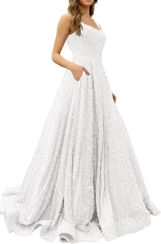 Hosszú A-vonalú flitteres estélyi ruha – poliészter, karcsú siluett, középső derék, pántos nyakvonal, ujj 3/4