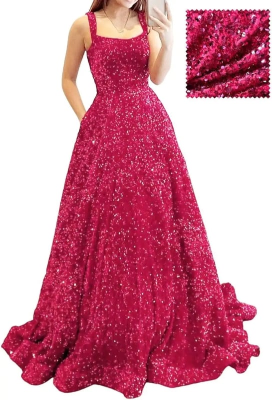 Hosszú A-vonalú flitteres estélyi ruha – poliészter, karcsú siluett, középső derék, pántos nyakvonal, ujj 3/4