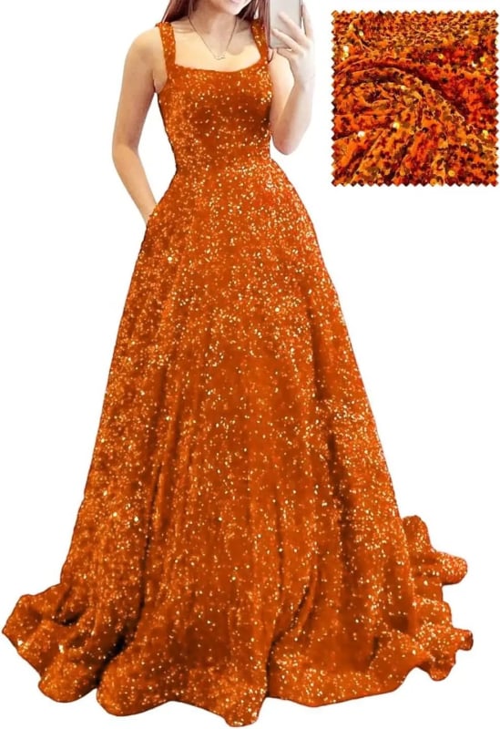 Hosszú A-vonalú flitteres estélyi ruha – poliészter, karcsú siluett, középső derék, pántos nyakvonal, ujj 3/4