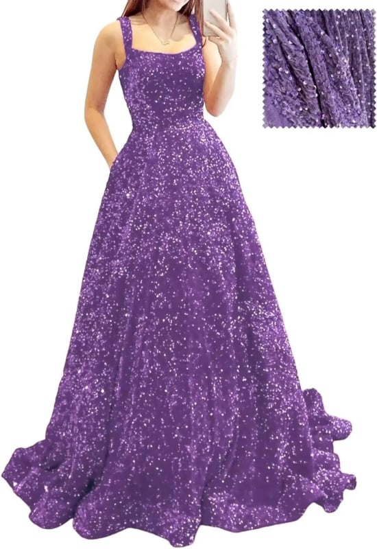 Hosszú A-vonalú flitteres estélyi ruha – poliészter, karcsú siluett, középső derék, pántos nyakvonal, ujj 3/4