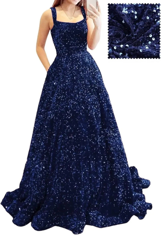 Hosszú A-vonalú flitteres estélyi ruha – poliészter, karcsú siluett, középső derék, pántos nyakvonal, ujj 3/4