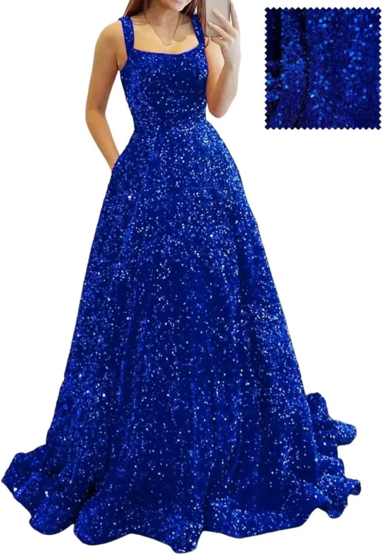 Hosszú A-vonalú flitteres estélyi ruha – poliészter, karcsú siluett, középső derék, pántos nyakvonal, ujj 3/4