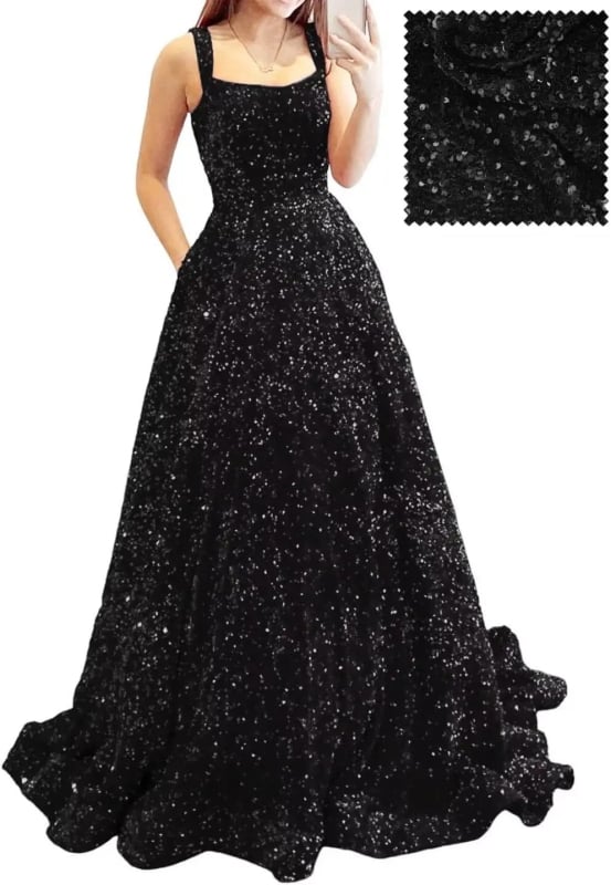 Hosszú A-vonalú flitteres estélyi ruha – poliészter, karcsú siluett, középső derék, pántos nyakvonal, ujj 3/4