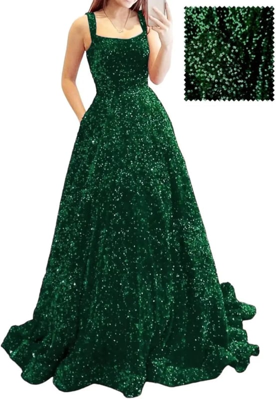 Hosszú A-vonalú flitteres estélyi ruha – poliészter, karcsú siluett, középső derék, pántos nyakvonal, ujj 3/4