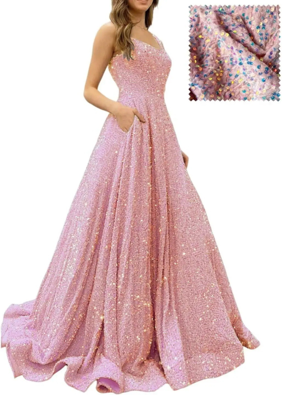 Hosszú A-vonalú flitteres estélyi ruha – poliészter, karcsú siluett, középső derék, pántos nyakvonal, ujj 3/4