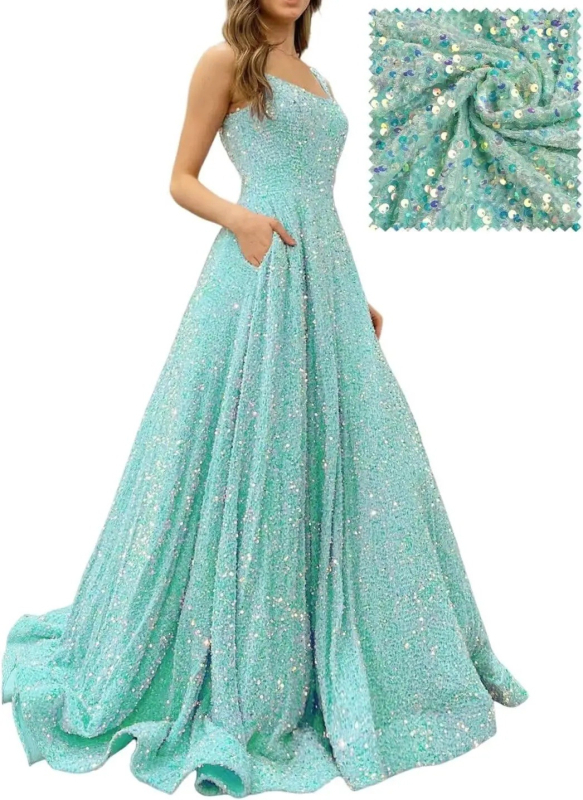 Hosszú A-vonalú flitteres estélyi ruha – poliészter, karcsú siluett, középső derék, pántos nyakvonal, ujj 3/4