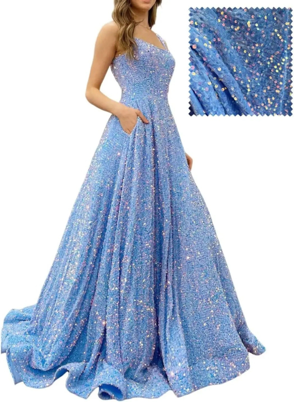 Hosszú A-vonalú flitteres estélyi ruha – poliészter, karcsú siluett, középső derék, pántos nyakvonal, ujj 3/4