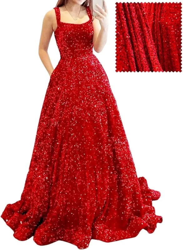 Hosszú A-vonalú flitteres estélyi ruha – poliészter, karcsú siluett, középső derék, pántos nyakvonal, ujj 3/4