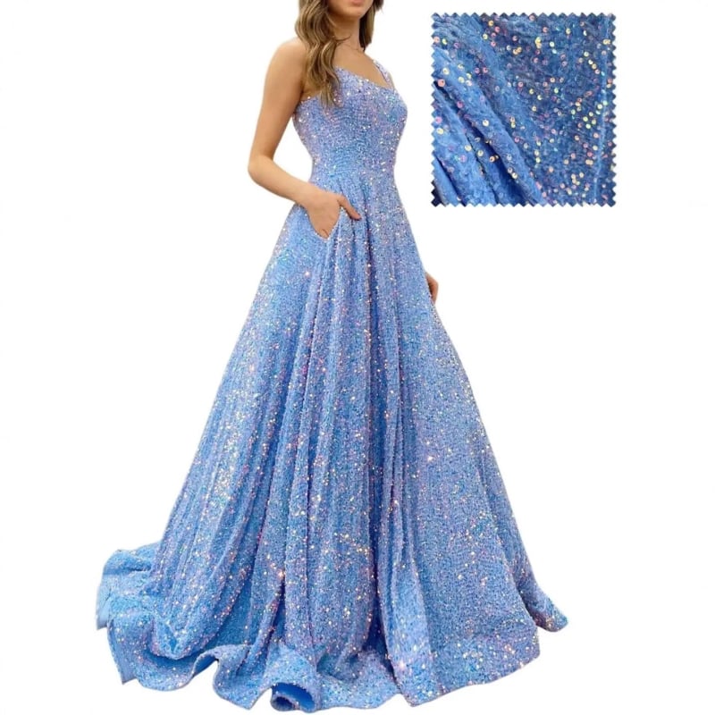 Hosszú A-vonalú flitteres estélyi ruha – poliészter, karcsú siluett, középső derék, pántos nyakvonal, ujj 3/4