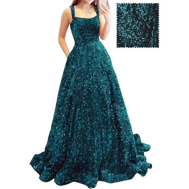 Hosszú A-vonalú flitteres estélyi ruha – poliészter, karcsú siluett, középső derék, pántos nyakvonal, ujj 3/4