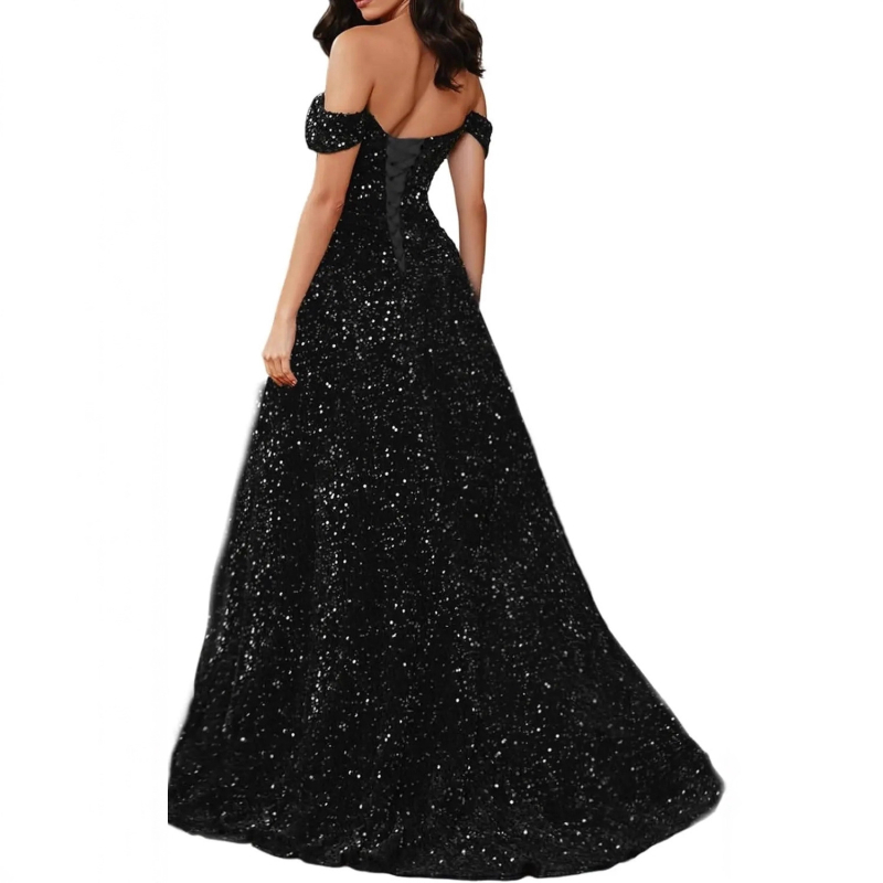 Hosszú A-vonalú flitteres estélyi ruha – poliészter, karcsú siluett, középső derék, pántos nyakvonal, ujj 3/4