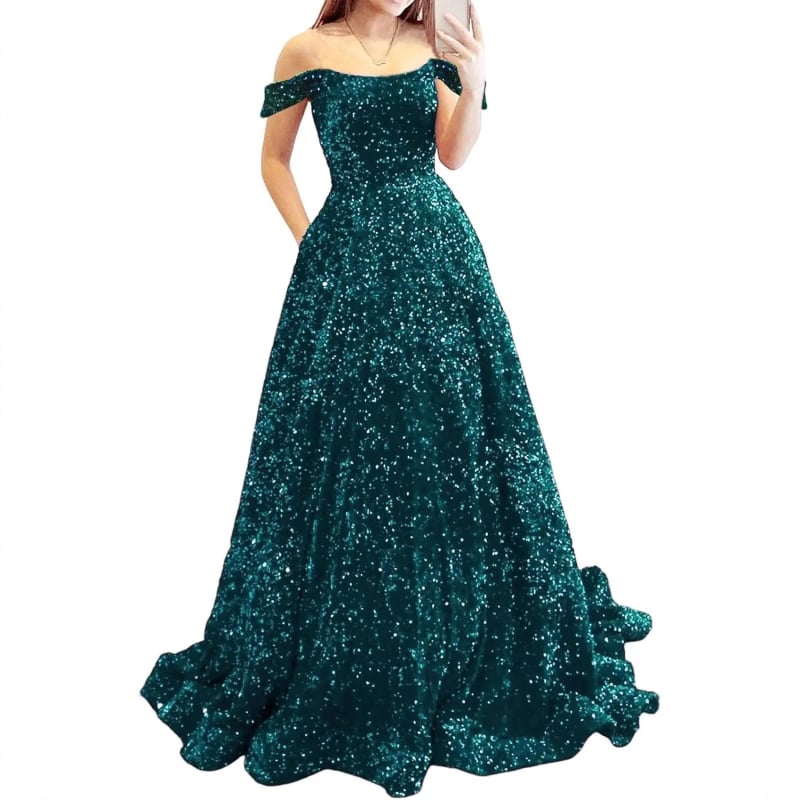 Hosszú A-vonalú flitteres estélyi ruha – poliészter, karcsú siluett, középső derék, pántos nyakvonal, ujj 3/4