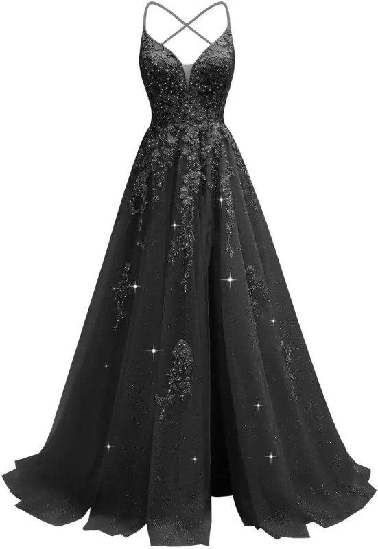 Večernja haljina s čipkastom aplikacijom, tanke naramenice, otvoren leđa, visok struk, duga suknja