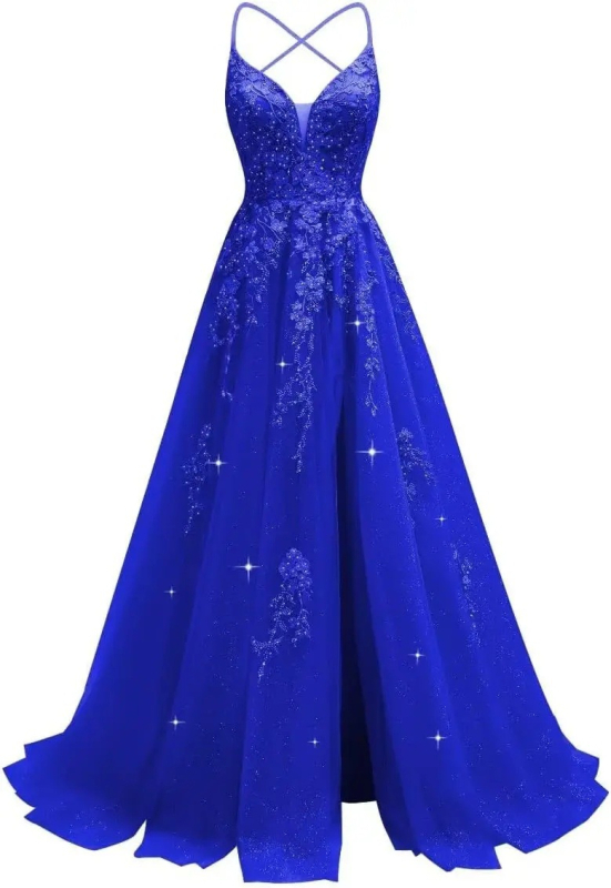 Večernja haljina s čipkastom aplikacijom, tanke naramenice, otvoren leđa, visok struk, duga suknja