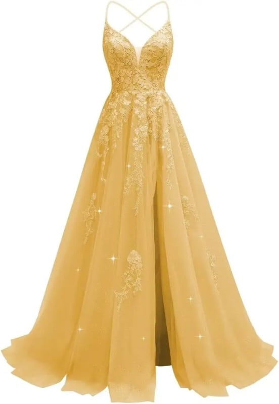 Večernja haljina s čipkastom aplikacijom, tanke naramenice, otvoren leđa, visok struk, duga suknja