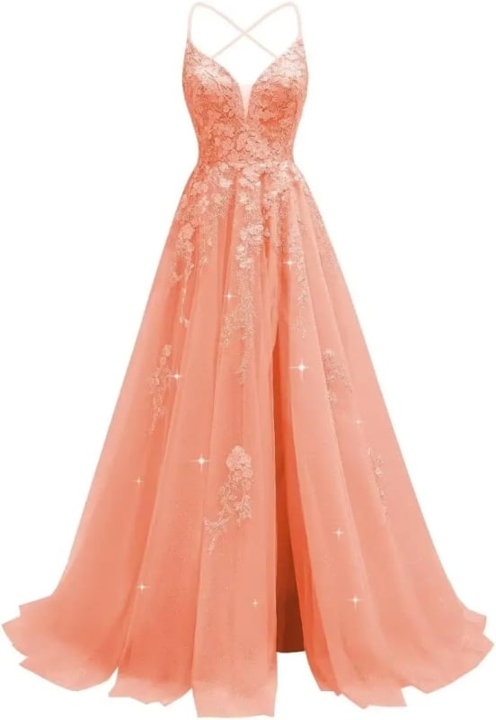 Večernja haljina s čipkastom aplikacijom, tanke naramenice, otvoren leđa, visok struk, duga suknja