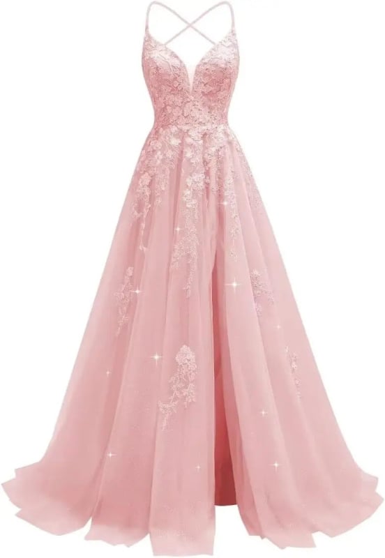 Večernja haljina s čipkastom aplikacijom, tanke naramenice, otvoren leđa, visok struk, duga suknja