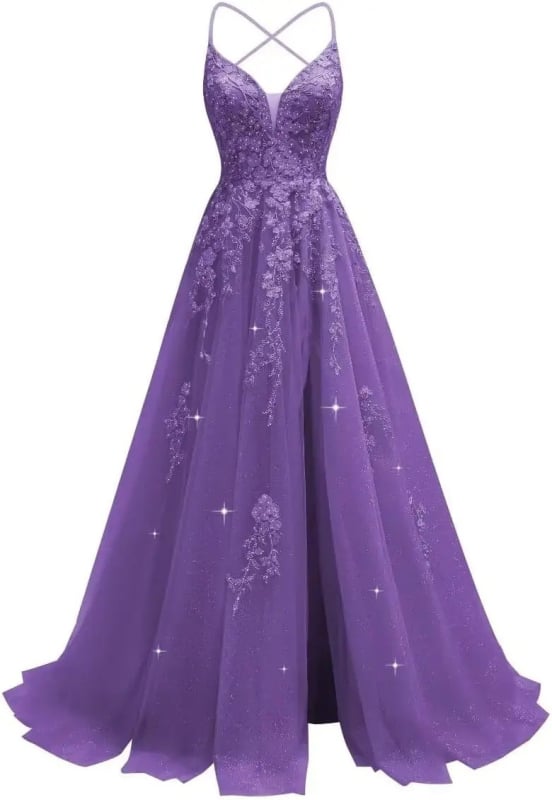 Večernja haljina s čipkastom aplikacijom, tanke naramenice, otvoren leđa, visok struk, duga suknja