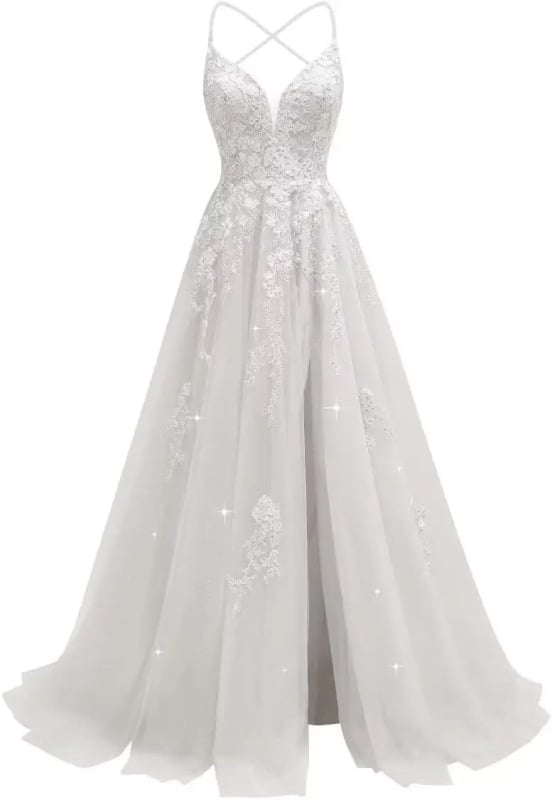 Večernja haljina s čipkastom aplikacijom, tanke naramenice, otvoren leđa, visok struk, duga suknja