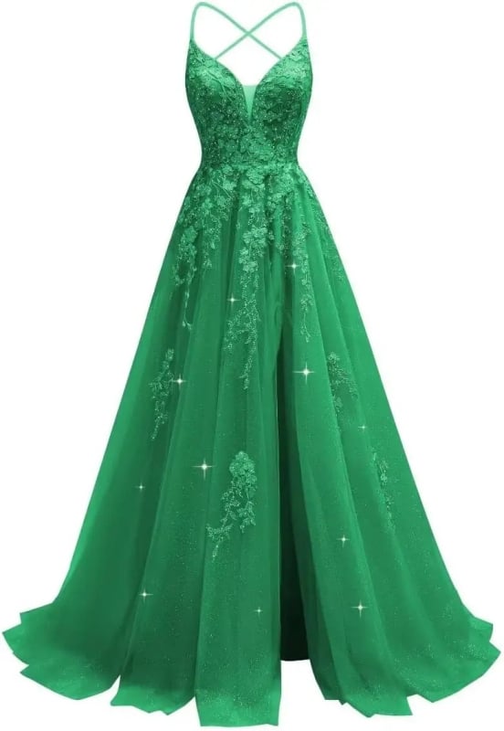 Večernja haljina s čipkastom aplikacijom, tanke naramenice, otvoren leđa, visok struk, duga suknja