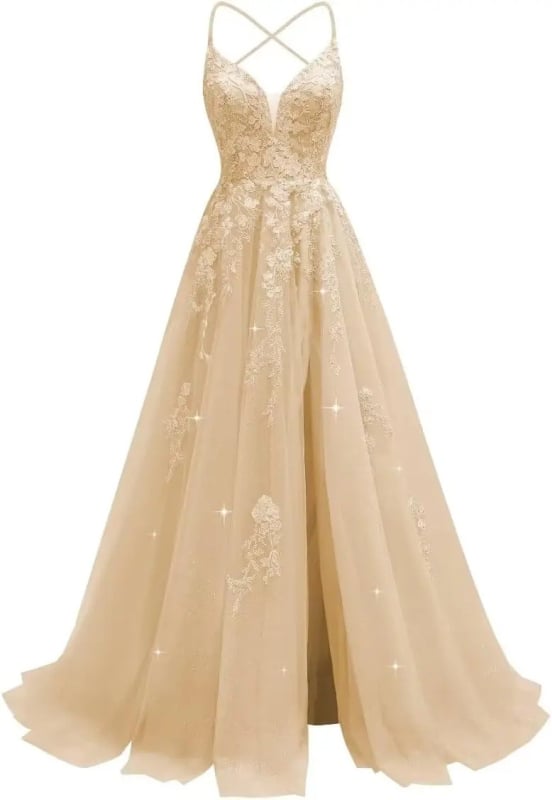 Večernja haljina s čipkastom aplikacijom, tanke naramenice, otvoren leđa, visok struk, duga suknja