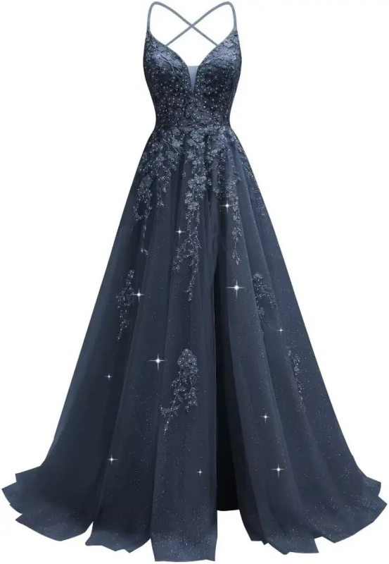 Večernja haljina s čipkastom aplikacijom, tanke naramenice, otvoren leđa, visok struk, duga suknja