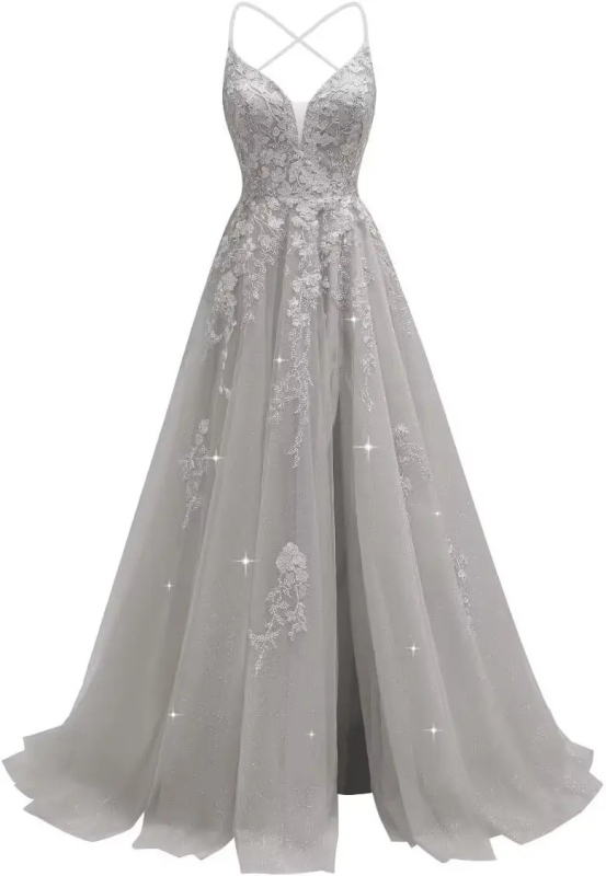 Večernja haljina s čipkastom aplikacijom, tanke naramenice, otvoren leđa, visok struk, duga suknja