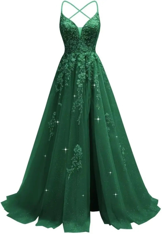 Večernja haljina s čipkastom aplikacijom, tanke naramenice, otvoren leđa, visok struk, duga suknja