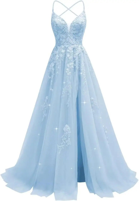 Večernja haljina s čipkastom aplikacijom, tanke naramenice, otvoren leđa, visok struk, duga suknja