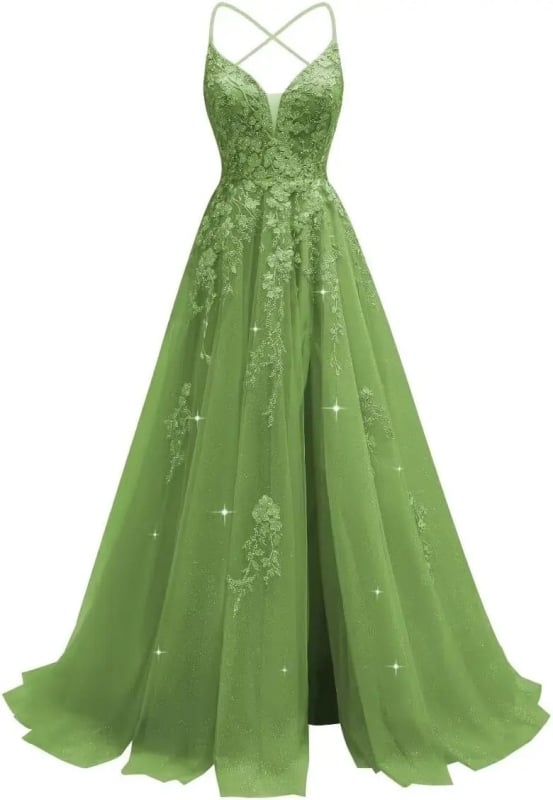 Večernja haljina s čipkastom aplikacijom, tanke naramenice, otvoren leđa, visok struk, duga suknja