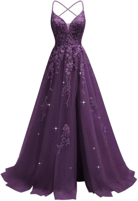 Večernja haljina s čipkastom aplikacijom, tanke naramenice, otvoren leđa, visok struk, duga suknja