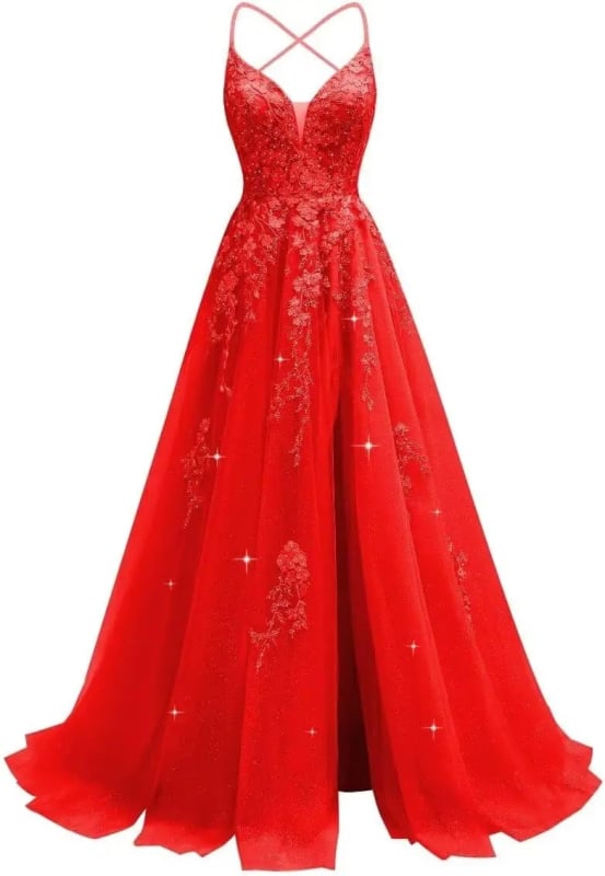 Večernja haljina s čipkastom aplikacijom, tanke naramenice, otvoren leđa, visok struk, duga suknja