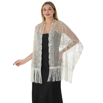 Ženski šal s cvjetnim uzorkom, šljokicama i resicama, vez, poliester, warp-knit tkanina