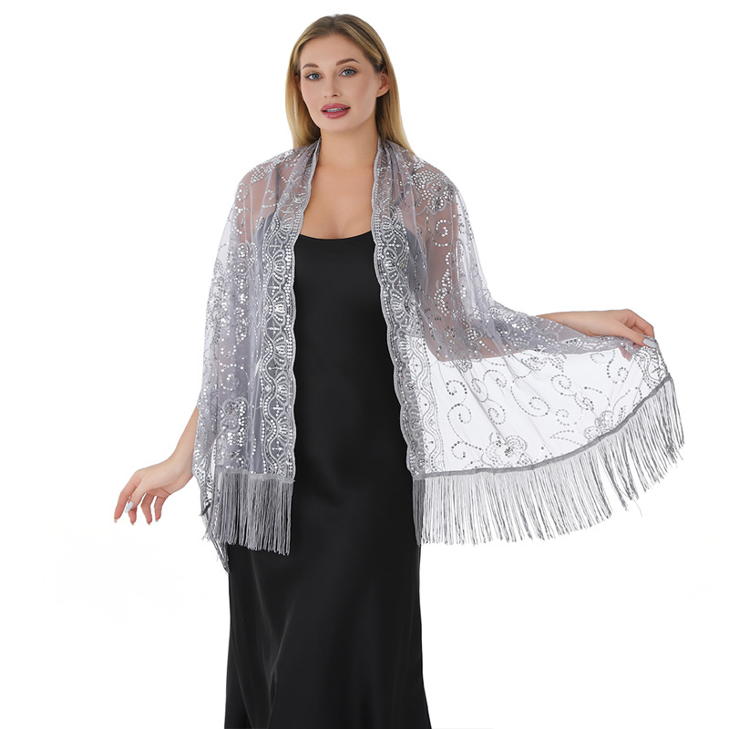 Ženski šal s cvjetnim uzorkom, šljokicama i resicama, vez, poliester, warp-knit tkanina