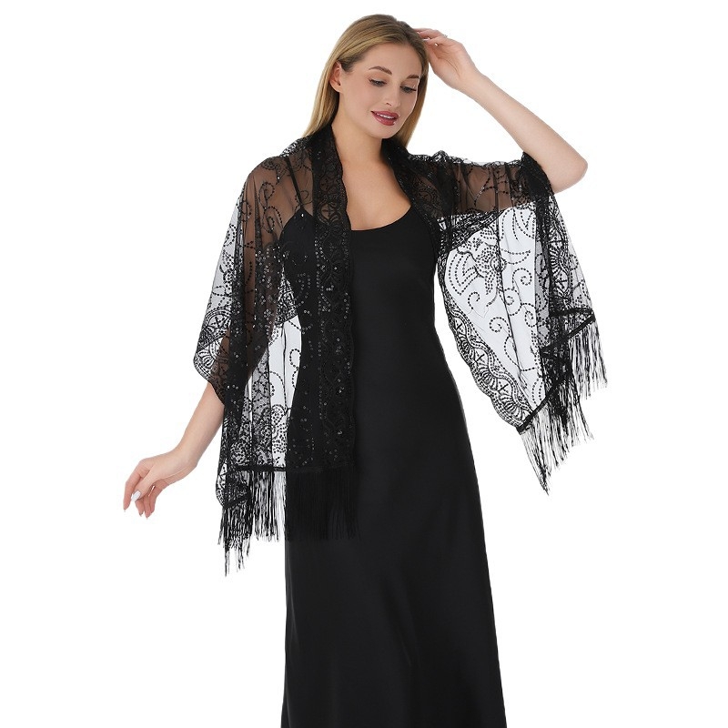 Ženski šal s cvjetnim uzorkom, šljokicama i resicama, vez, poliester, warp-knit tkanina